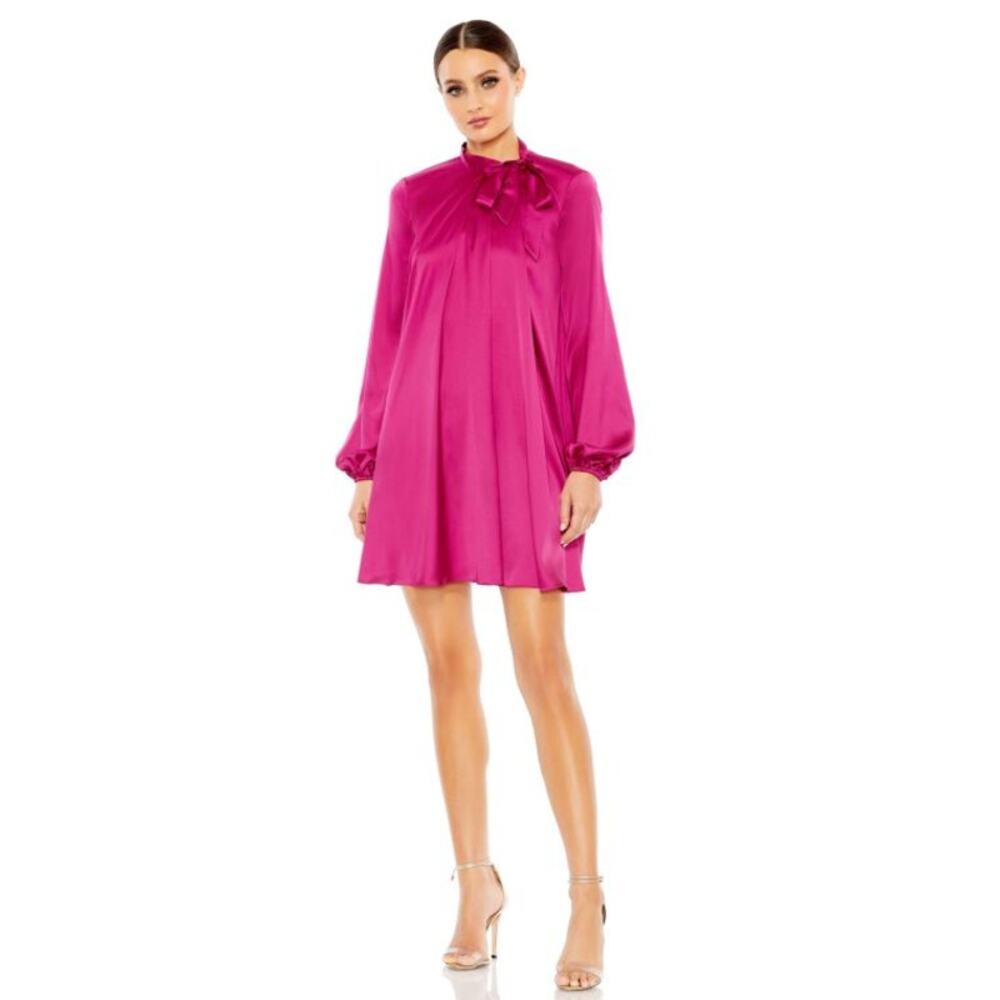 Mac Duggal Magenta High Neck Soft Pleat Long Sleeve Mini Shirt Dress Size 6 New